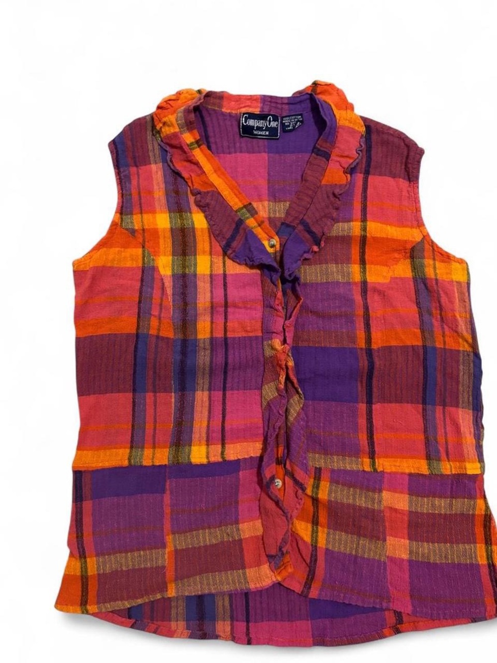 Vintage Plaid Sleeveless Ruffle Cotton Top, Size XL, Cottagecore, Teachercore